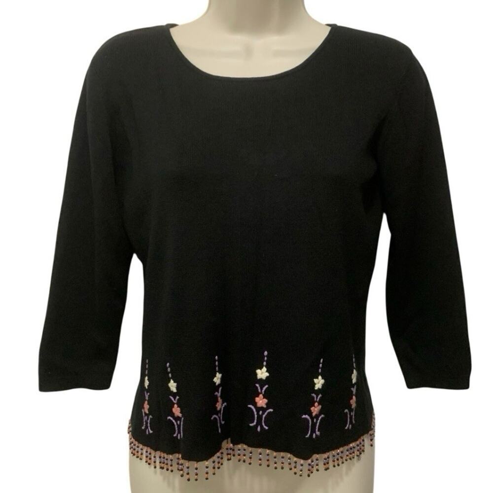 Vintage 90s CLIO Silk Cotton Top Floral Embroidered Beaded Fringe Y2K S